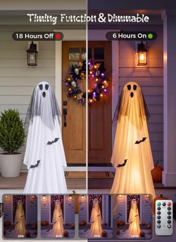 Minetom 2 Pack 5 FT Halloween Ghost Decorations Light Up Ghosts Outdoor | 8 Modes with Remote & Timer, Waterproof Battery Boxes, Adjustable Height Tripods for Indoor Porch Home Decor,Veil & Witch Hat view 4
