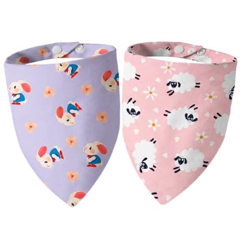 Dimidium 2-Pack Easter Dog Bandanas-Cute Purple Bunny & Pink Lamb Floral Print, Snap Button Adjustable Pet Scarf,for Easter Photos&Spring Outings for Small-Medium Breeds(5-30lbs)