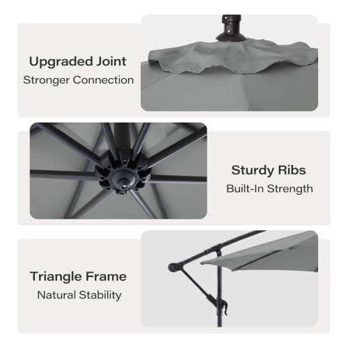 10ft Offset Patio Umbrella, Cantilever Hanging Market Umbrella with 8 Sturdy Ribs, Easy Tilt & Crank, Outdoor Sun Shade for Patio, Backyard, Garden, Poolside, Deck, Grey view 5
