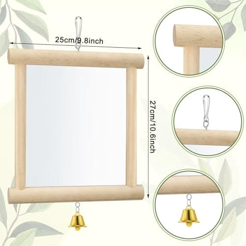 Sadnyy Chicken Mirror Toys Extra Large 10.6 x 10 Inch Big Hanging Swing Mirror with Bell Wooden Pecking Toy for Hens Birds Parrots Coop Roosters (Square, Yellow, 1pcs) view 3