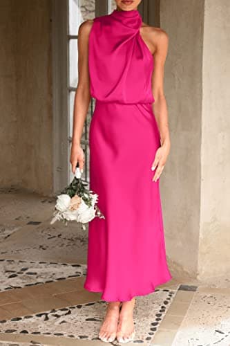 PRETTYGARDEN Women's 2026 Summer Satin Dress Elegant Sleeveless Mock Neck Cocktail Party Maxi Dresses view 5