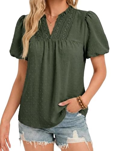 Funlingo Womens Boho Tops Summer Short Puff Sleeve V Neck Blouses Dressy Casual Flowy Swiss Dot Lace Crochet Shirts — image 1