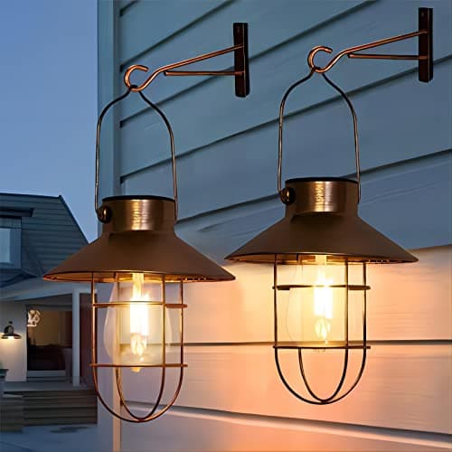 pearlstar Solar Lanterns Outdoor Metal Solar Powered Hanging Lights Waterproof for Barn Wall Yard Garden Patio Garage Balcony Porch Fence Decor, Warm White Edison Bulb (Copper-2pack) view 1