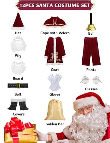 Togake Christmas Santa Clause Costume For Men 12pcs Set Deluxe Velvet Adult Santa Suit view 4