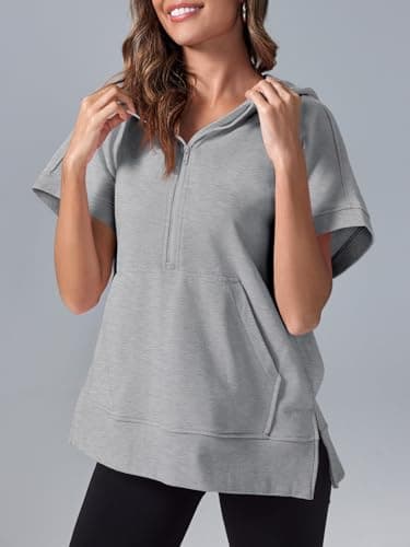 Fisoew Womens Oversized Half Zip Hoodies Short Sleeve Casual Sweatshirts Pullover Tops with Pockets view 3