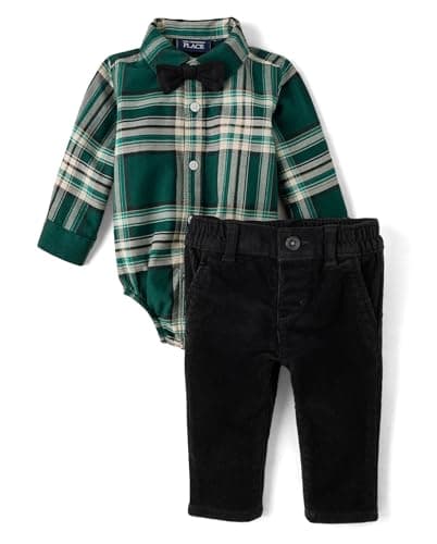 The Children's Place,Baby Boys,and Newborn Button Down Shirt and Pants, 2 Piece Outfit,Balt Green Plaid,0 Months,3 Months