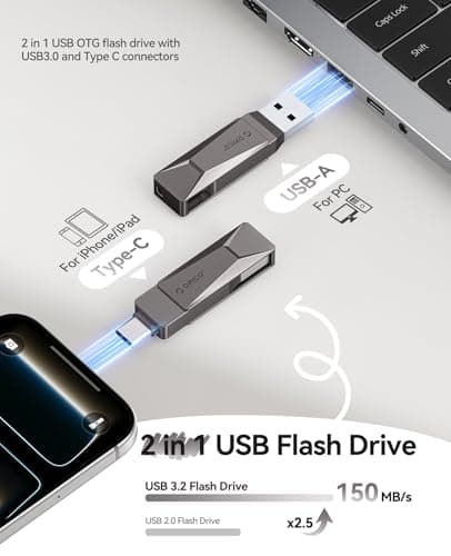 ORICO 64GB USB Flash Drive 150MB/S Metal Housing Swivel Design Support OTG Function 2 in 1 PenDrive for USB C and USB A Devices-CB05 Grey view 2