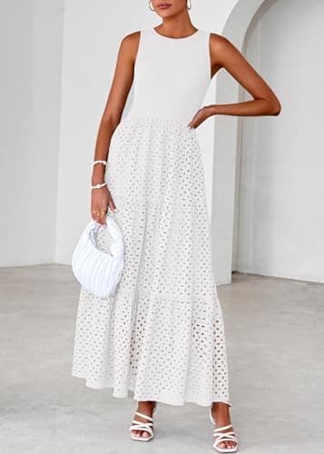 Lazysmile Womens Summer Dresses Crewneck Sleeveless A-Line Hollow Out Eyelet Tiered Tank Maxi Dress Sundress with Pockets view 4