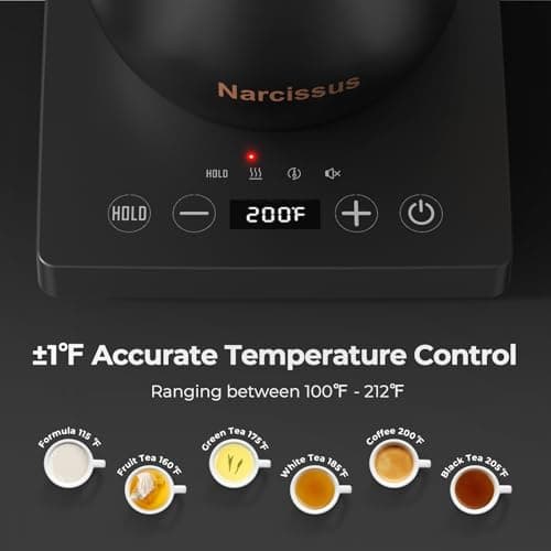 Narcissus P901 Gooseneck Electric Kettle with ±1℉ Temperature Control Function, 1200 Watt Rapid Boiling in 5 Mins, Max 6 Hours Keeping Warm, 304 Stainless Steel Interior, BPA Free, Black view 4
