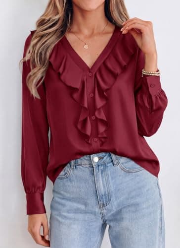 dowerme Womens Long Sleeve Tops Satin Ruffle Button Shirts view 5