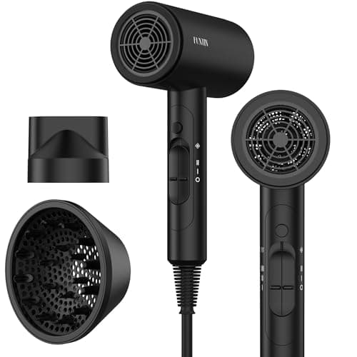 FUNTIN Hair Dryer, Blow Dryer with Diffuser Brush Comb for Women 4C Thick Curly Hair 1800w-Professional Black — image 1