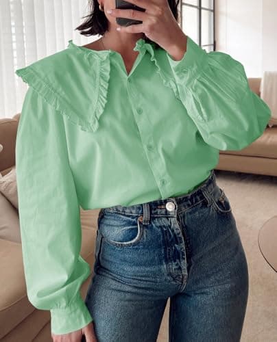 Tankaneo Womens Button Down Shirts Cotton Puff Sleeve Babydoll Blouse Fall Casual Doll Collar Tops view 2