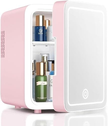 CUTIEWORLD Skincare Fridge With Dimmable LED Light Mirror, 4L Makeup Mini Fridge for Bedroom, Car, Office & Dorm, Cooler & Warmer, Portable Small Refrigerator for Cosmetics, Skin Care and Food, Pink