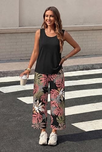 WIHOLL Two Piece Sets for Women Summer Spring Outfits Tank Square Neck Sleeveless Travel Vacation Lounge Wide Leg Pants Set view 3