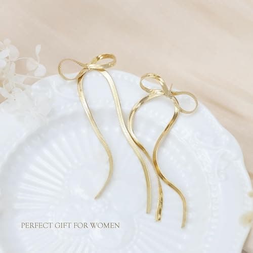 BAYLAY Bow Earrings for Women, 18K Gold Plated Bow Dangle Earrings Dangling Dangly Gold Earrings for Women Trendy for Wedding Prom Aretes para Mujer Gold Jewelry Gifts for Woman view 6