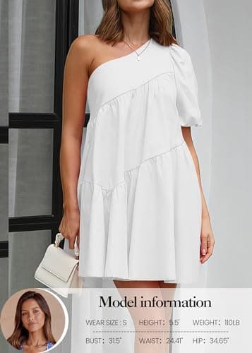 KIRUNDO Summer One Shoulder Mini Baby Doll Dresses Women 2026 Casual Puff Sleeve Loose Tiered A Line Flowy Short Dress view 4