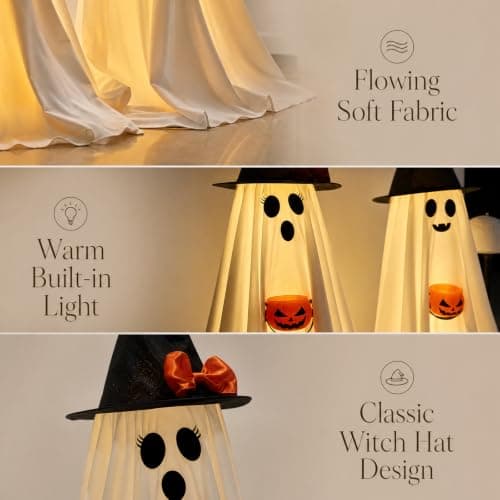 Halloween Decorations Indoor Lighted Ghost, 2 Pack Cute Light Up Ghosts | 2.95Ft Decorations with Witch Hats & Pumpkin Buckets, Indoor Ghost Decor for Entryway, Fireplace, Porch, Party, Home, Yard view 5