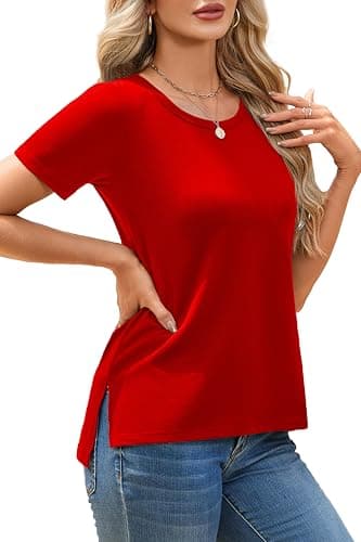 Herou Summer Women Casual Short Sleeve Tops T-Shirts Tees with Side Split — image 1