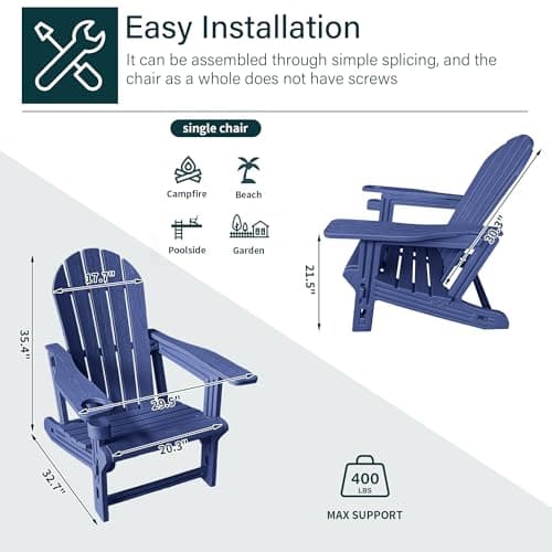 QuinnAndSunny Weather-Resistant Adirondack Chair, Navy Blue HDPE Outdoor Patio Chairs with Cup Holder, Fire Pit Chairs & Outdoor Seating view 2