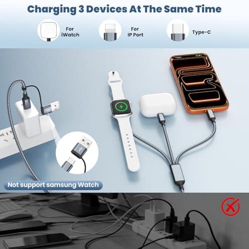 3 in 2 Multi Charging Cable for iWatch Charger/IP/USB C,Travel Cruise Essentials,Braided USB A/C Cable Designed for Multiple Devices,Compatible with iWatch Ultra/SE/11-1 & iPhone 17-11,Gray(5FT) view 2