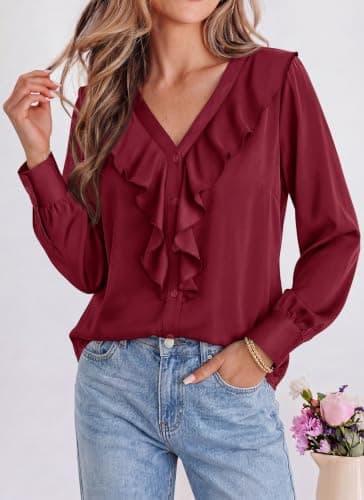 dowerme Womens Long Sleeve Tops Satin Ruffle Button Shirts view 4