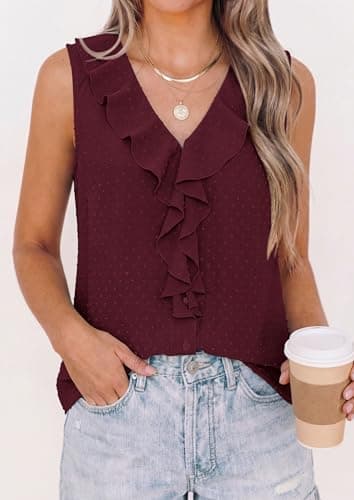 PRETTYGARDEN Tank Tops for Women 2026 Summer Fashion Sleeveless Ruffle Button Swiss Dot Dressy Casual Blouses Work Shirts view 5