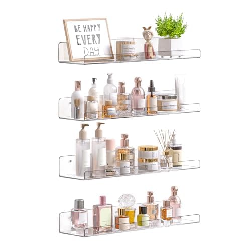 upsimples Acrylic Shelves for Bathroom Storage, 15" Floating Shelves Wall Organizer for Perfume, Make up, Skincare, Kids Bookshelf for Bedroom, Nursery, Living Room Decor, Clear, 4 Pack view 1