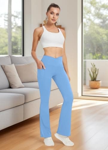 DLOODA Women's Yoga Pants with Pockets No Front Seam Crossover High Waisted Flare Leggings Tummy Control Bootcut Pants view 3