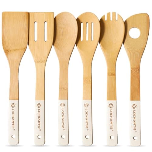 Wooden Spoons for Cooking Bamboo Utensils Set (6 Pieces) - Essential Tools Wooden Spatula & Spoons for Everyday Stirring, Mixing, Flipping & Serving, Gentle on Nonstick Cookware, White — image 1
