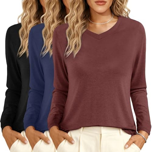 GAYHAY 3 Pack V Neck Long Sleeve Shirts for Women - Fall Casual Soft Tops Basic Loose Fit Outfits Clothes for Vacation — image 1