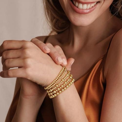 Gold Bracelets for Women Waterproof, 14K Gold Plated Beaded Strand Bead Ball Bracelets stack Adjustable Jewelry Set for Gifts view 4