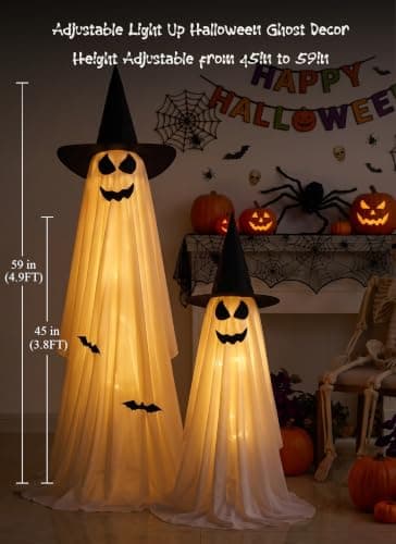 Minetom 2 Pack 5 FT Halloween Ghost Decorations Light Up Ghosts Outdoor | 8 Modes with Remote & Timer, Waterproof Battery Boxes, Adjustable Height Tripods for Indoor Porch Home Decor,Veil & Witch Hat view 3
