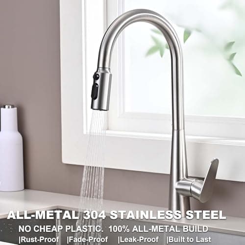 Metal Kitchen Faucet Head Replacement, 3-Function Pull Down Spray Head for Kitchen Faucet, High Pressure Sink Spray Nozzle with 9 Adapters Compatible with Most Faucets, Brushed Nickel view 2