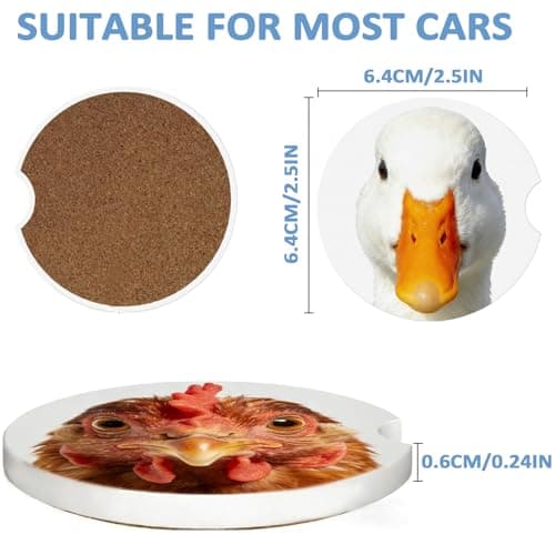 Duck & Rooster Car Coasters 2 Pack - Absorbent Ceramic Cup Coasters with Finger Notch & Anti-Slip Cork Base, 2.6" Auto Cup Holder Coasters for Car Interior Accessories (Women/Men) view 2