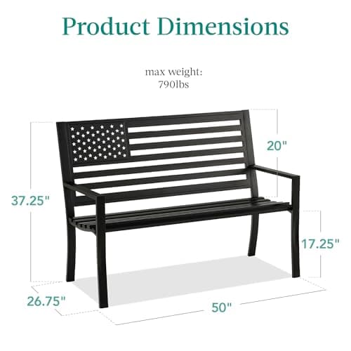 Best Choice Products Outdoor Bench 2-Person Steel Indoor/Outdoor Bench for Garden, Patio, Porch, Entryway w/American Flag, 790lb Capacity – Black view 2