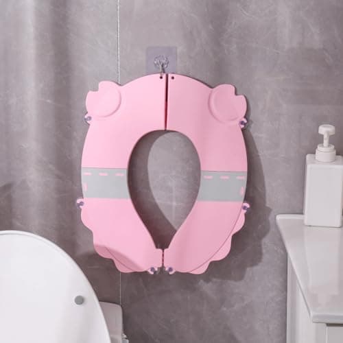 Portable Potty Training Seat，Upgraded Non-Slip-Anti pinch buttocks, One-handed Removal Folding Travel Potty Seat for Toddlers & Kids, 6 suction cups firmly adhere, Fits All Shape Toilets(Pink) view 6