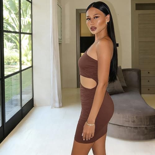 AGVNG Womens Sexy One Shoulder Bodycon Mini Dress Asymmetrical Cut Out Slim Fit Party Club Going Out Short Dresses view 3