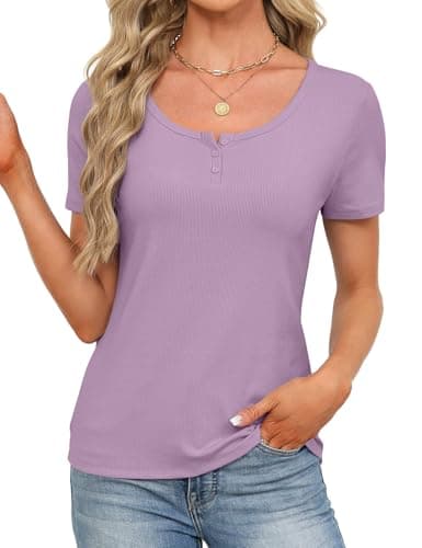 JUSTFASHIONNOW Womens Short Sleeve Tops Stretchy Henley Scoop Neck Fitted Casual Basic Ribbed T-Shirts 2026 Summer Trendy view 4