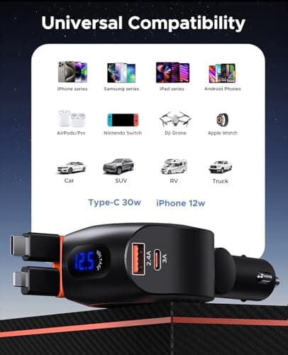 Retractable Car Charger, KOOPAO 69W 4 in 1 Fast Phone Car Charging Adapter, Multi USB C PD and Apple Retractable Cables Cord Compatible with iPhone 16/15/14/13/12/11/Pro Max (USB C + iPhone Cord) view 4