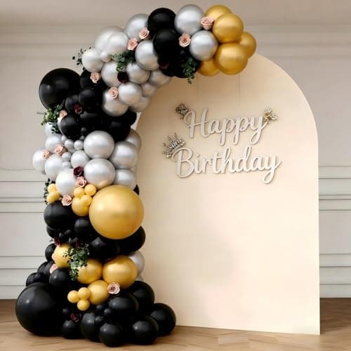 Black Gold Silver Balloon Garland Arch Kit, 143Pcs Black Gold Silver Latex Balloons for New Year 2026 Graduation Retirement Birthday Party Decoration view 6