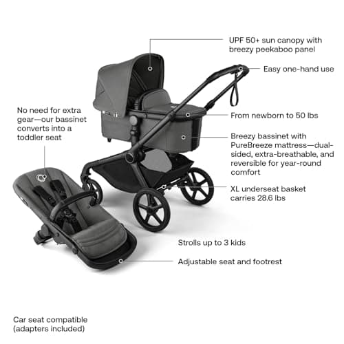 Bugaboo Kangaroo All-Terrain Single-to-Double Tandem Stroller for Infant and Toddler, for Up to Three Kids, XL Wheels, One-Hand Operation, Large Bassinet, XL Underseat Storage (Moon Grey) view 4