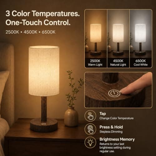 Small Rechargeable Cordless Table Lamp, Nightstand to Desk, Dark Walnut | 2000mAh Battery Operated Lamp, Soft Linen Glow for Bedside, Bedroom, Side Tables and Home Decor, 3 Color Modes, Touch Dimming view 3