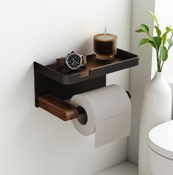 Bathroom Black Toilet Paper with Tissue Box Holder - Wall Mount Wooden Extension Rod with Widening Groove Bracket Aluminum Alloy Groove Rack for Paper Towel Holder and Wipes view 2