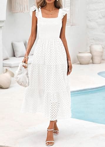 Lazysmile Womens Summer Maxi Dress Square Neck Ruffle Cap Sleeve Hollow Out Eyelet Smocked Tiered A Line Boho Sundress view 3