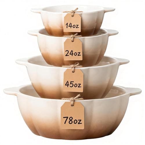 MISSYSSIM Ceramic Soup Bowls with Handle, Large Serving Bowls Set of 4, 14/24/45/78 oz Food Storage Bowls Containers for Cooking, Baking, Salad, Ramen Bowls Oven Safe, Brown view 1