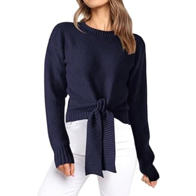 Okiwam Women's Long Sleeve Cropped Sweaters Casual Knit Pullover Tie Front Crew Neck Fall Outfits Spring Fashion Clothes 2026