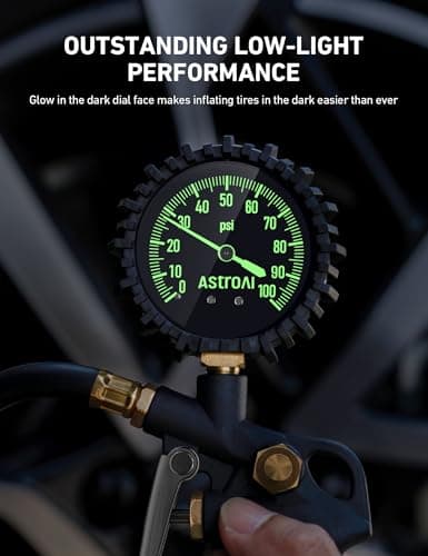 AstroAI Tire Pressure Gauge with Inflator, 100 PSI-ANSI B40.1 Accurate | Large 2.5" Easy Read Glow Dial, Heavy Duty Air Chuck and Compressor Accessories with Rubber Hose and Quick Connect Coupler view 4
