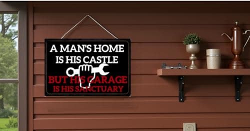 Carastora Men's Vintage Garage Decor, Funny Metal Tin Sign, Quote "A man's home is his castle, his garage his sanctuary", Rustic Style Den Home Bar Accessory, 12x8 Inch view 2