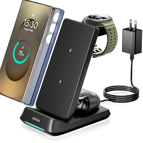 KPON 3 in 1 Charging Station for Samsung, Wireless Charger for Thick Cases, Foldable Phone and Watch Charger Stand for Galaxy S26/S25/S25 Ultra/S24/Z Fold/Android Devices, Galaxy Watch and Earbuds