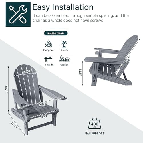 Adirondack Chair with Cup Holder,Tool-Free Assembly,No Screws Needed,All-Weather HDPE Plastic Outdoor Patio Chair,Wood-Grain Slatted Look,Easy to Take Apart for Storage,Fire Pit Chairs(Stone Grey) view 2